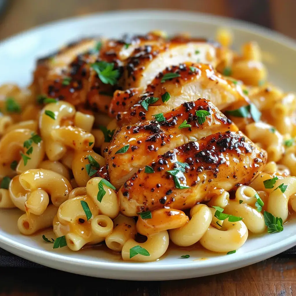 Des pâtes enroulées dans une sauce crémeuse accompagnées de morceaux dorés de poulet miellé et un soupçon de persil.