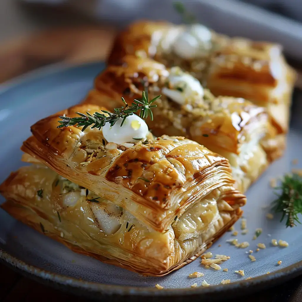 Pâte feuilletée dorée, garnie de poisson avec du thym frais.