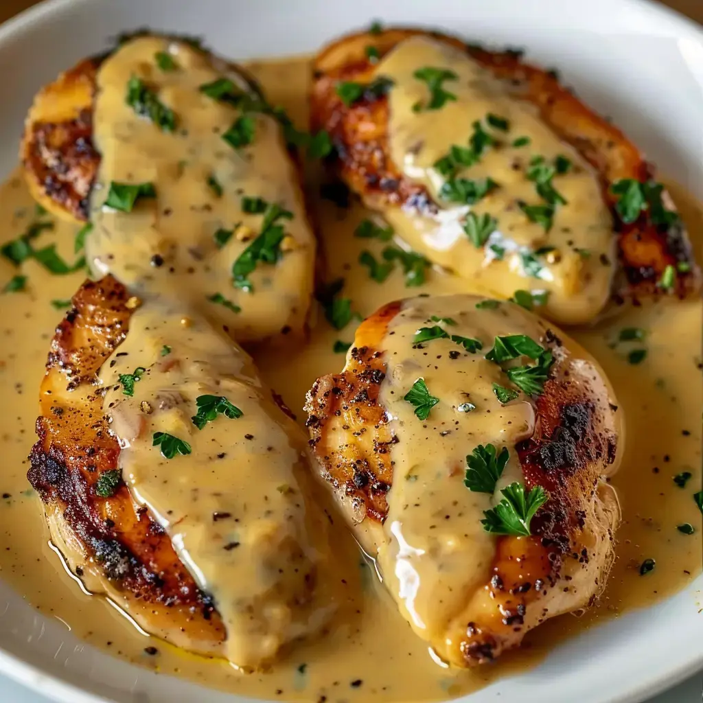 Poulet juteux garni d'une sauce moutardée et de touches de persil.