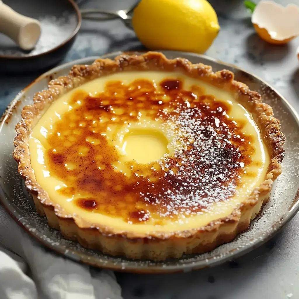 Dessert au citron avec une fine croûte caramélisée et des touches décoratives comme un citron frais et une coquille d'œuf.