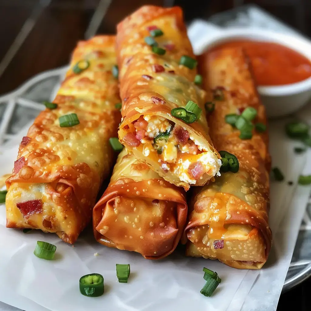 Rouleaux dorés garnis de fromage crémeux, bacon croustillant et jalapeños, avec une sauce à tremper.