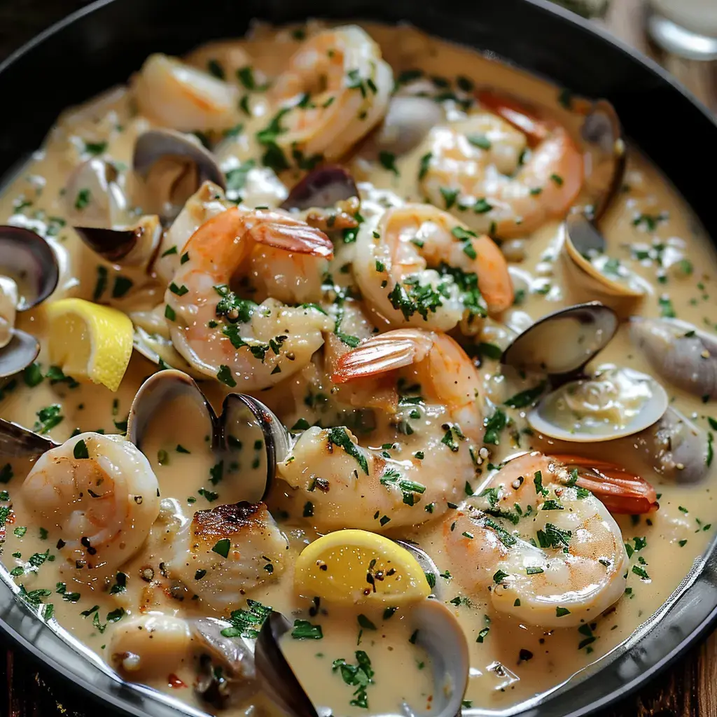 Un délicieux assortiment de fruits de mer avec une sauce crémeuse, orné de persil et accompagné de tranches de citron.