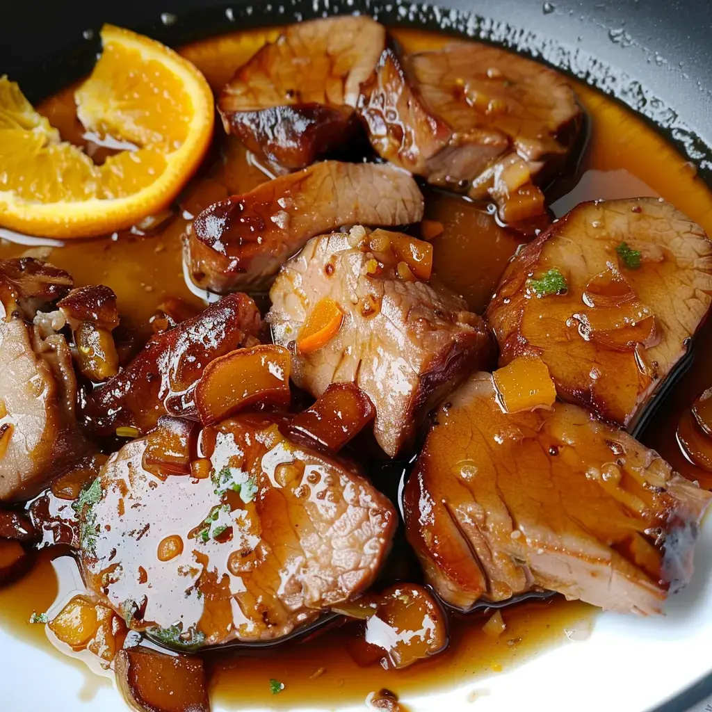 Des tranches de viande fondantes dans leur jus parfumé, garnies d'une rondelle d'orange fraîche.