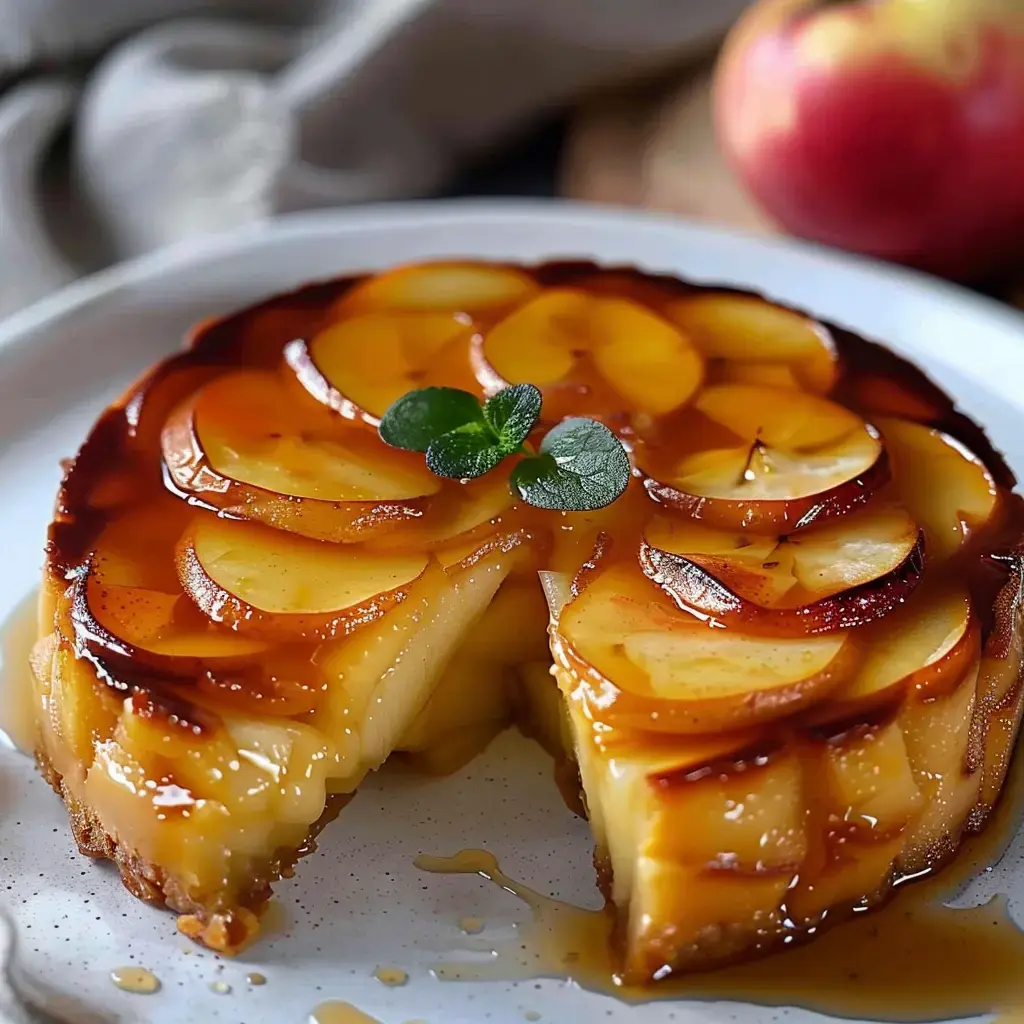 Un flan gourmand aux pommes avec une part enlevée, décoré avec des feuilles de menthe sur une assiette.