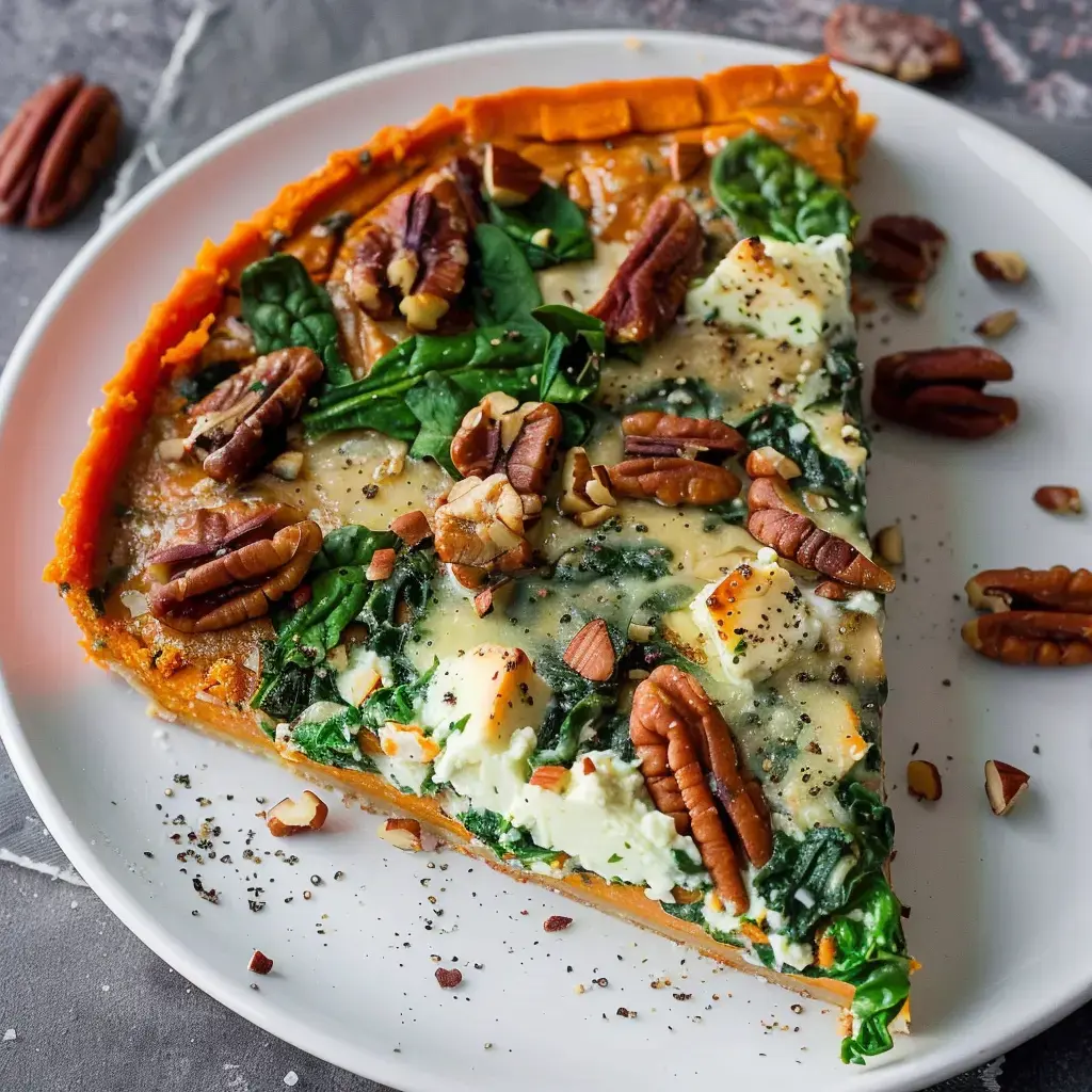 Une part de galette à la patate douce garnie d'épinards, de fromage et de noix de pécan dans une assiette.