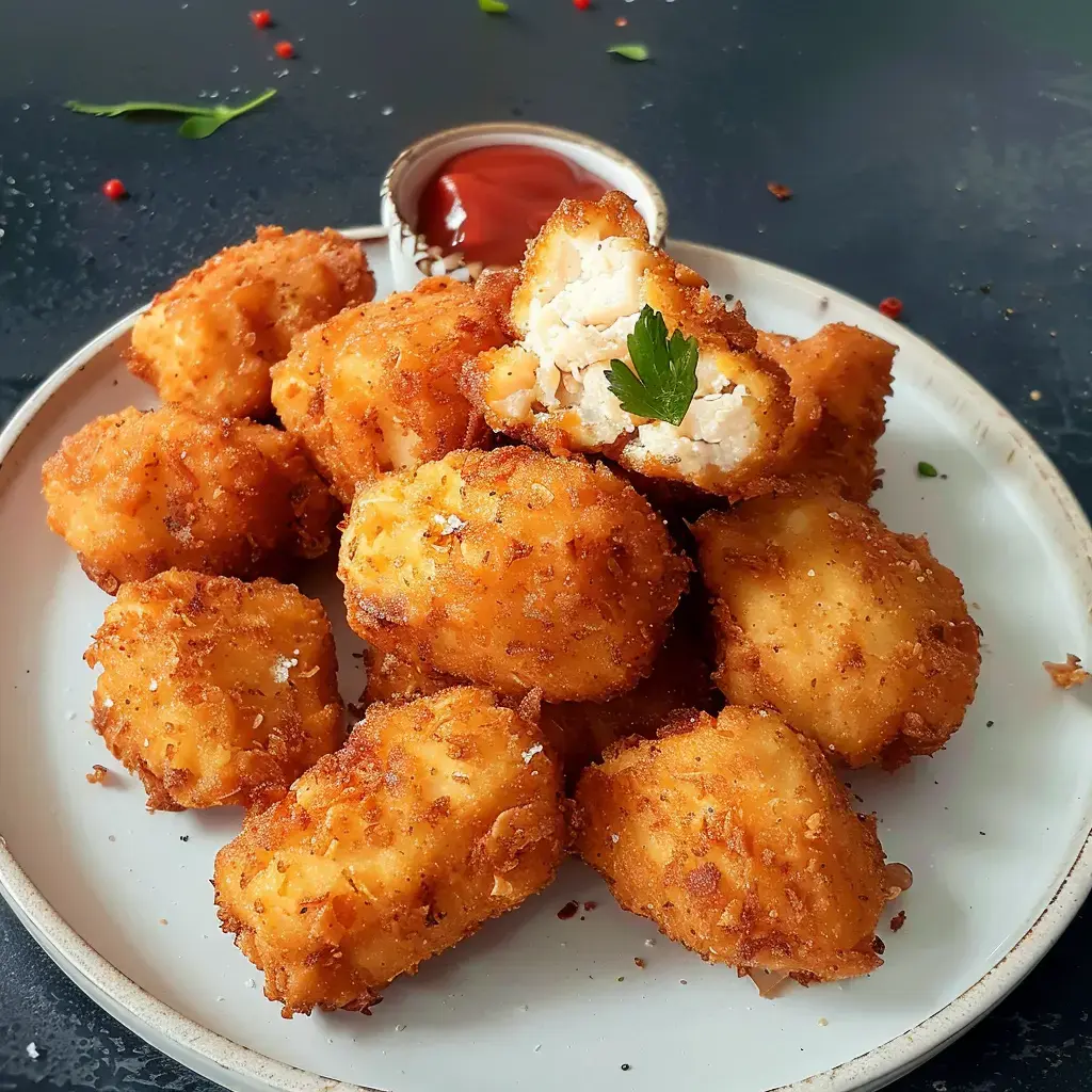 Délicieux nuggets dorés disposés dans une assiette, avec un bol de ketchup et un morceau ouvert révélant l'intérieur.