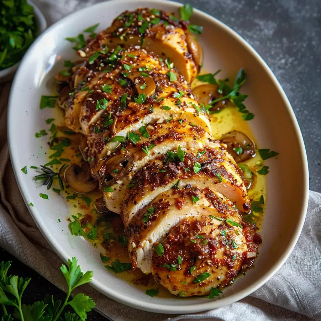 Une assiette de poulet coupé en tranches avec des champignons, herbes fraîches et sauce dorée.