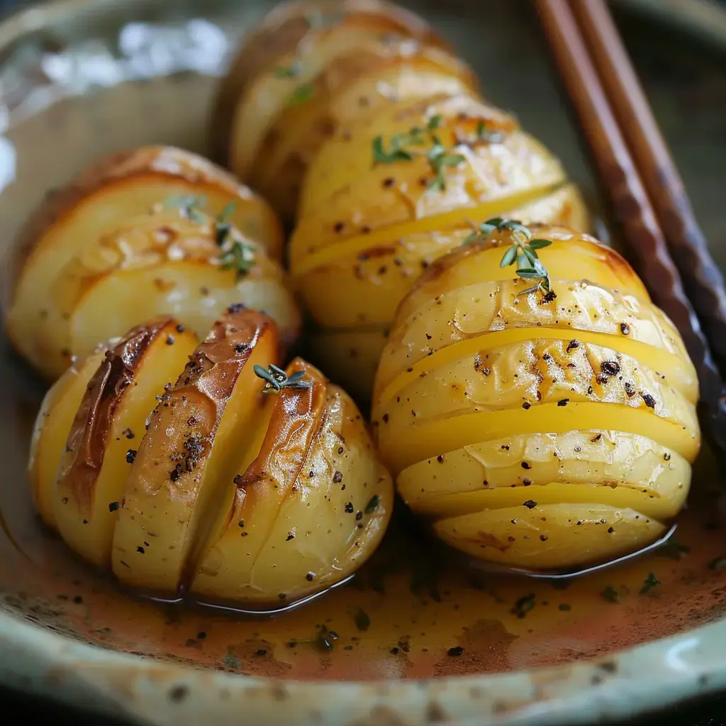 Des patates dorées coupées en tranches, parfumées au thym et poivre, servies dans une assiette.