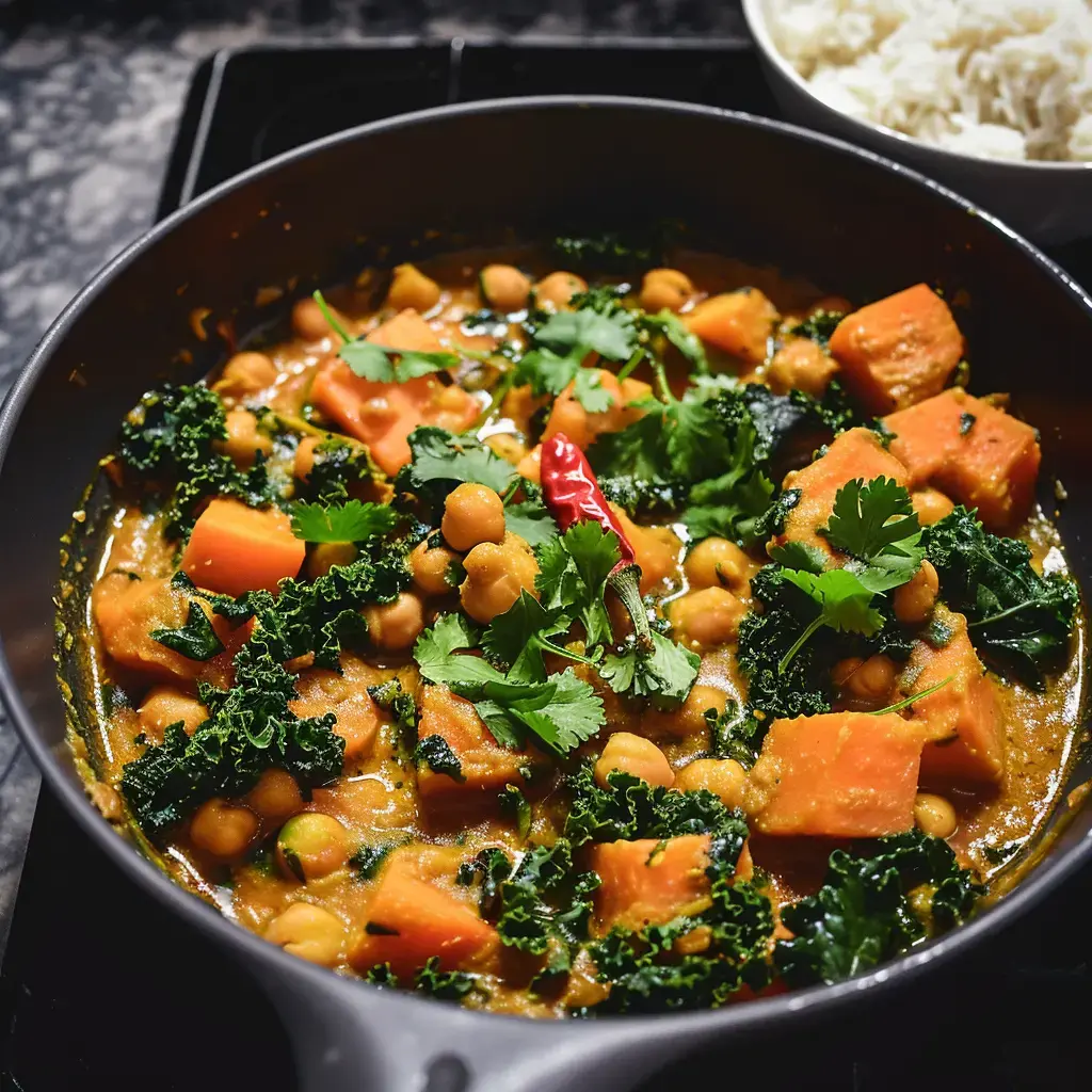 Un bol de curry réconfortant avec pois chiches, patates et légumes frais, servi avec du riz blanc parfumé.