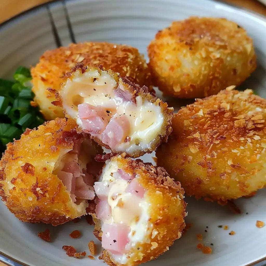Appétissantes croquettes dorées remplies de jambon et de fromage, avec une touche de ciboulette.