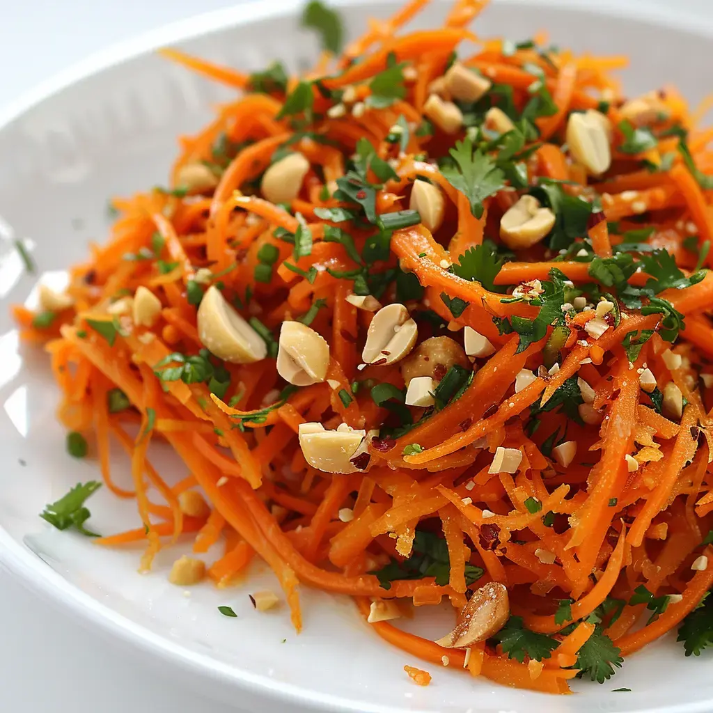 Un mélange de carottes râpées décoré de coriandre et cacahuètes concassées.