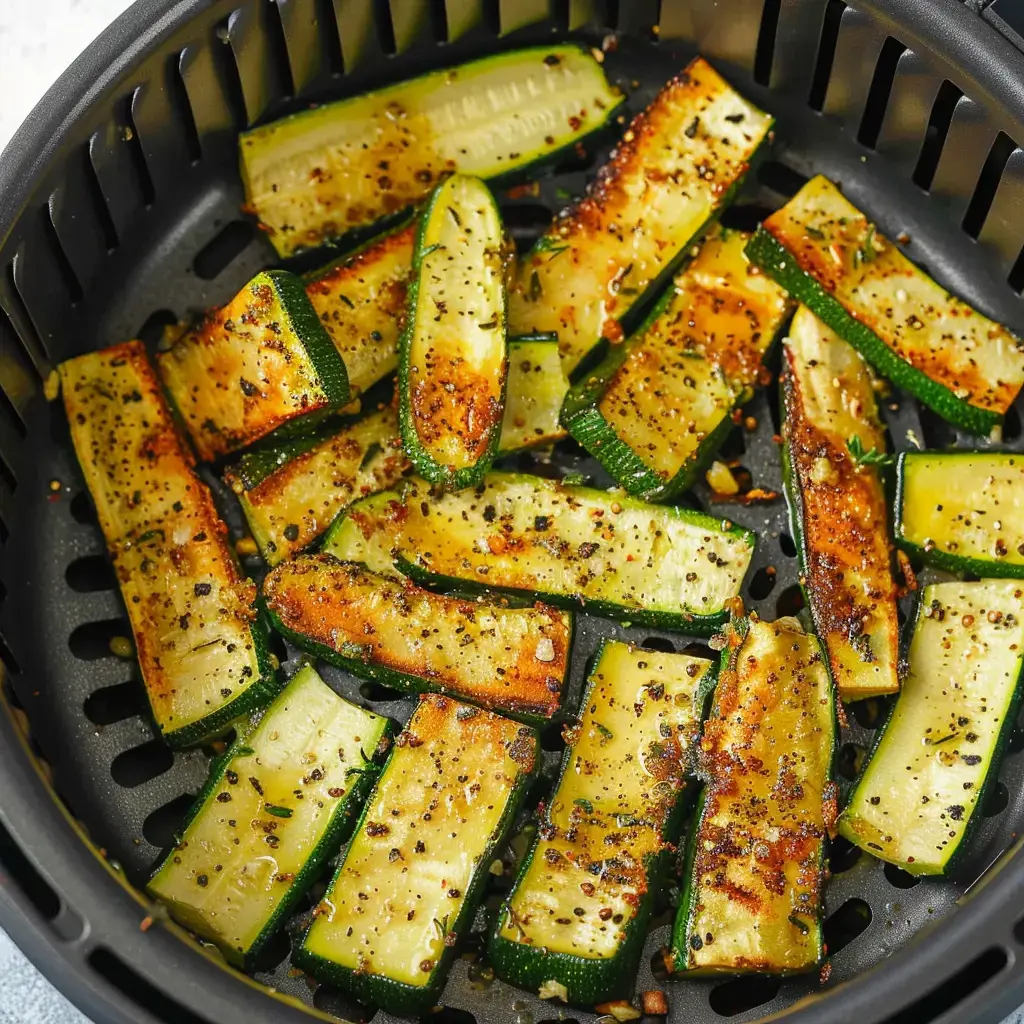 Des morceaux de zucchini grillés avec une dorure légèrement croustillante, assaisonnés de poivre et d'épices, dans un panier de friteuse à air.