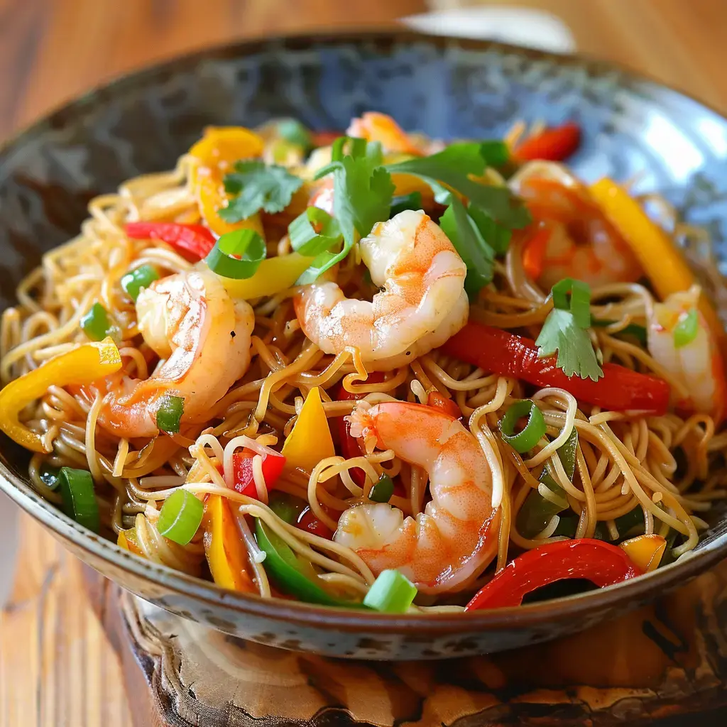 Un bol rempli de nouilles, crevettes roses et légumes multicolores mélangés.