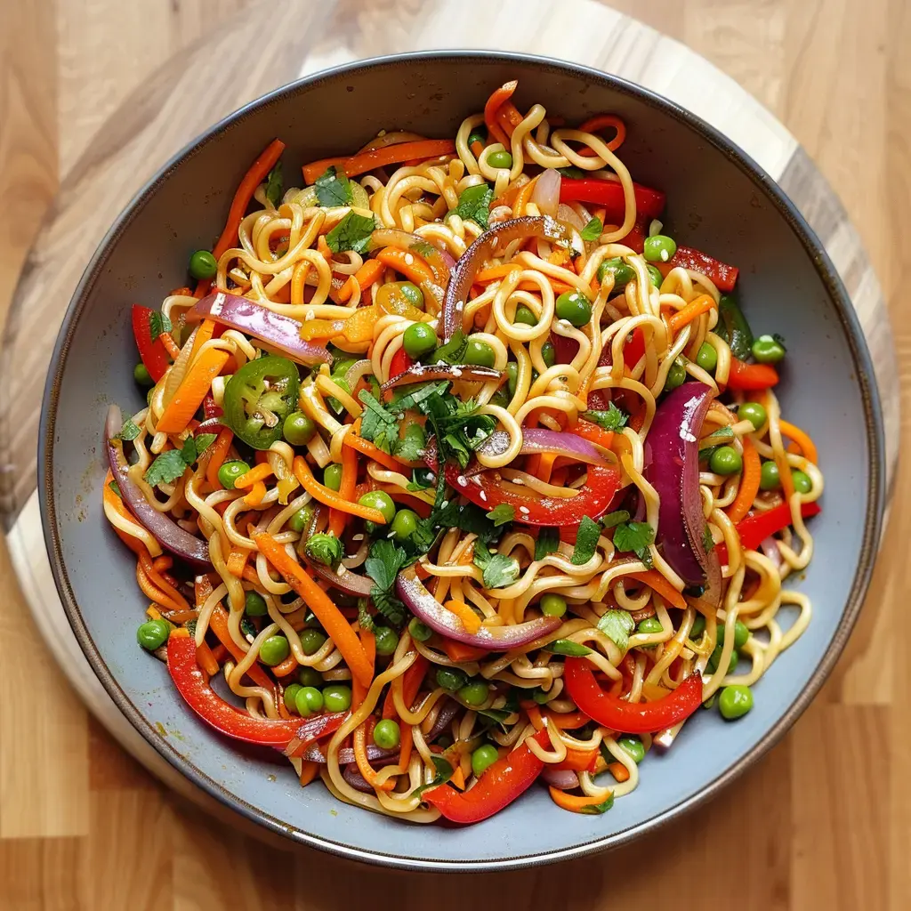 Un bol de nouilles avec des légumes multicolores comme carottes, poivrons rouges et verts, petits pois, le tout décoré de coriandre fraîche.