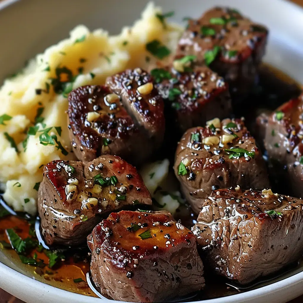 Bouchées de bœuf dorées posées sur une purée lisse avec des herbes sur le dessus.