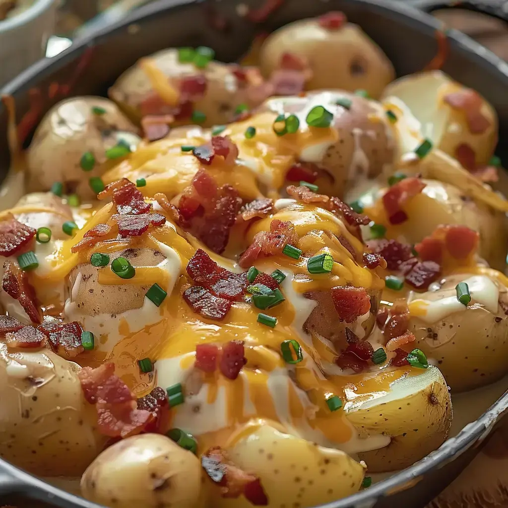 Pommes de terre nappées de cheddar fondu, bacon doré, crème fraîche épaisse et ciboulette.