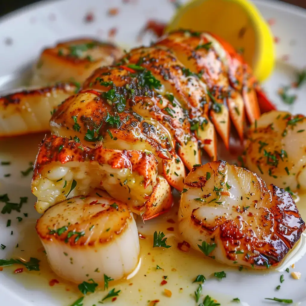 Queues de homard grillées et noix de Saint-Jacques, décorées de persil et accompagnées de quartiers de citron.