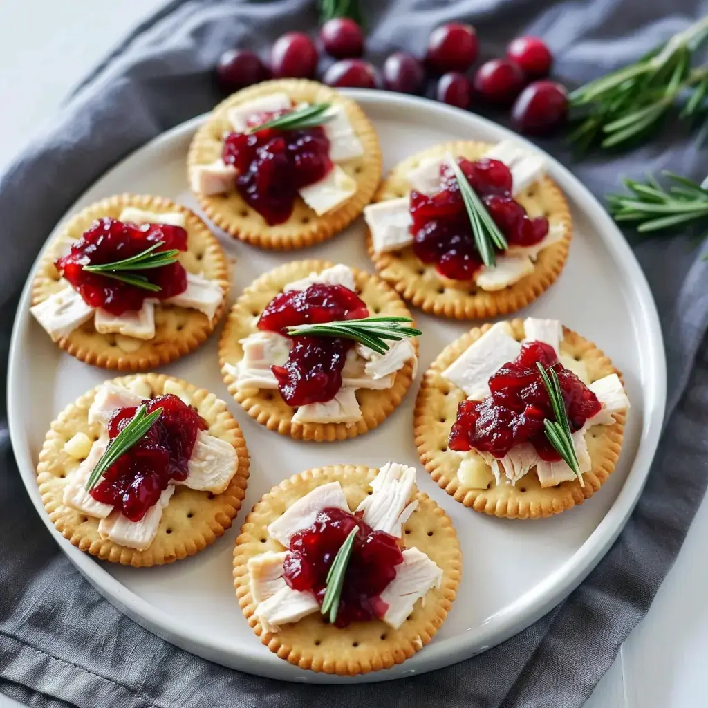Des biscuits garnis de dinde effilochée, de confiture d'airelles et de brins de romarin, présentés sur une assiette.