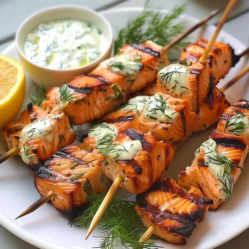 Brochettes de saumon bien grillées, nappées de crème à l'aneth, servies avec quartier de citron et sauce à côté.