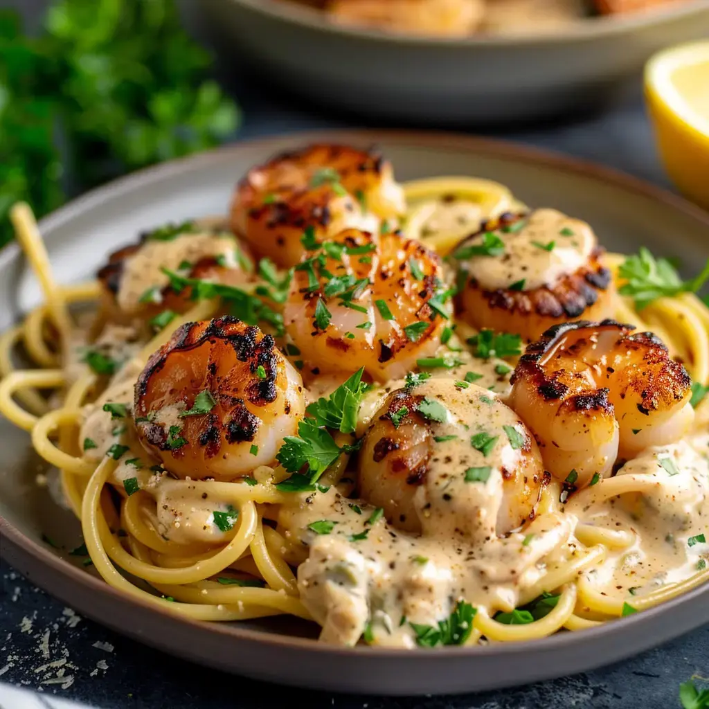 Un bol de pâtes surmonté de coquilles Saint-Jacques dorées, le tout nappé d'une sauce crémeuse et garni de persil frais.