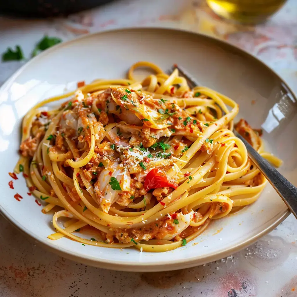 Assiette de linguine nappées d’une sauce tomate et crabe, du parmesan râpé et du persil frais qui brillent au-dessus.