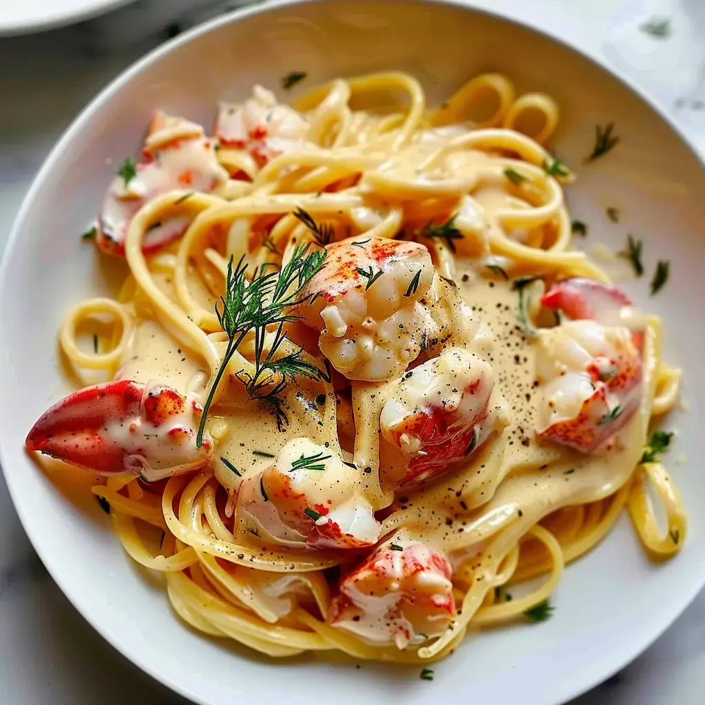 Linguine nappées de sauce crème au homard avec aneth frais sur le dessus.
