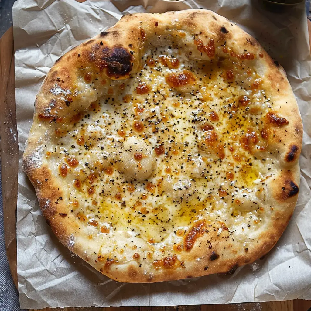 Une grande pizza dorée couverte d'huile d'olive et d'épices posée sur du papier cuisson.
