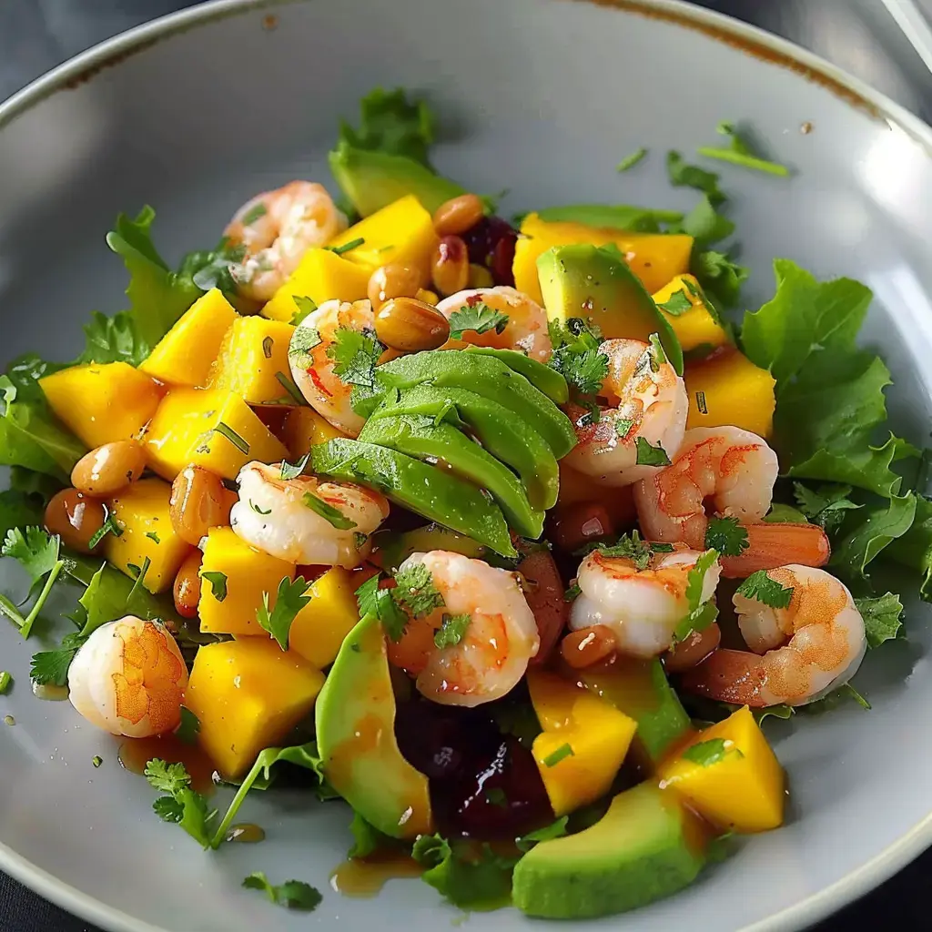 Une composition fraîche de crevettes, mangue, avocat, fruits secs et herbes sur un lit de salade verte.
