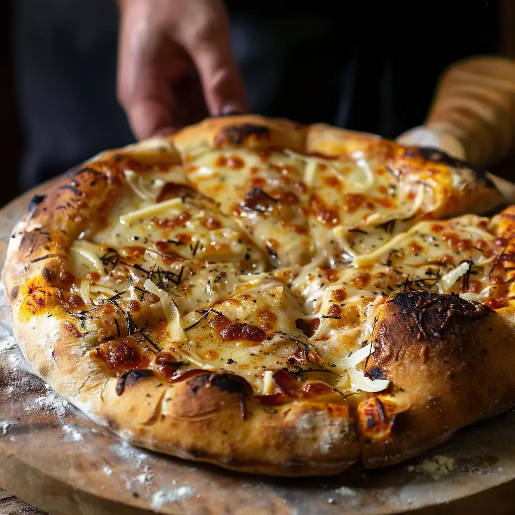 Une pizza dorée, fromage bien fondu et belle charcuterie, attend d’être dégustée sur une planche.