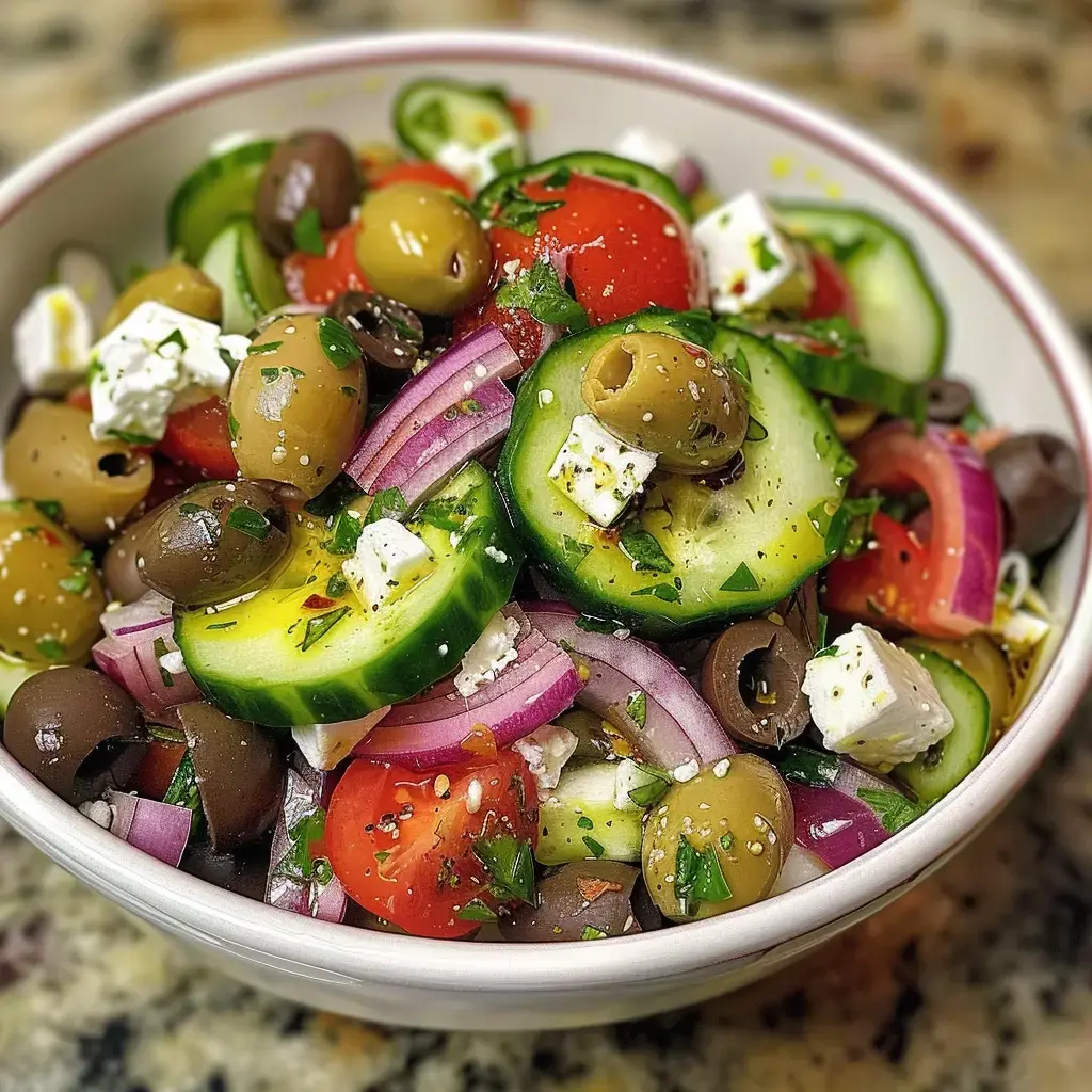 Une salade grecque aux couleurs vives avec concombre, tomates, olives, oignons rouges et feta, parsemée d'herbes et arrosée d'huile.