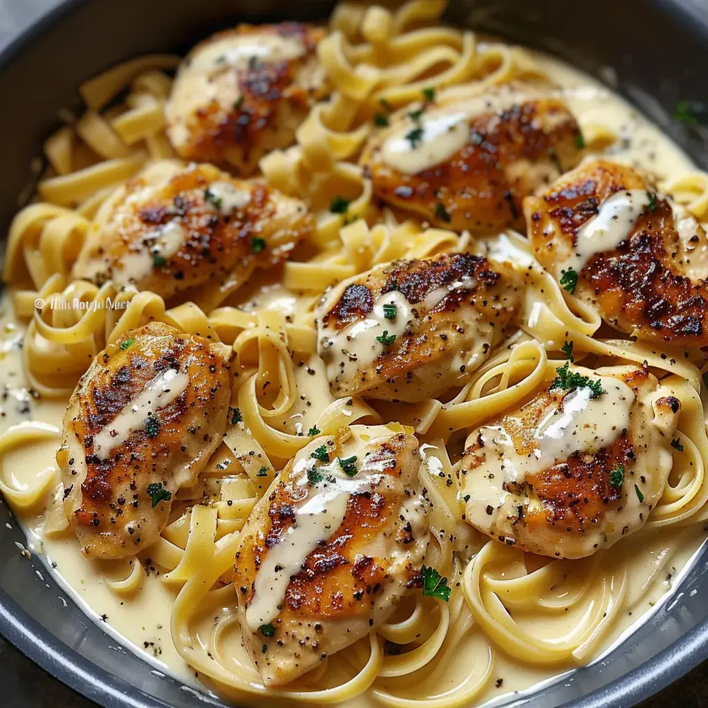 Fettuccine recouverts de filet de poulet doré et nappés de sauce crémeuse, quelques touches de persil frais par-dessus.