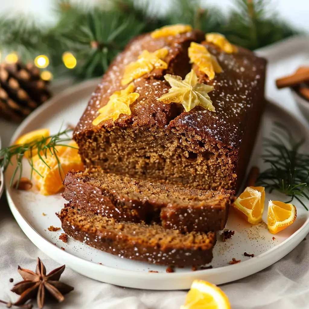 Un gâteau aux épices garni d'oranges en tranches et d'étoiles, coupé et présenté sur une assiette avec des décorations de fête.