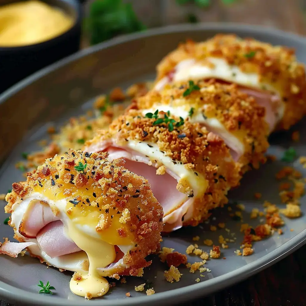 Des rouleaux de jambon croustillants garnis de fromage fondant, présentés sur une assiette grise.
