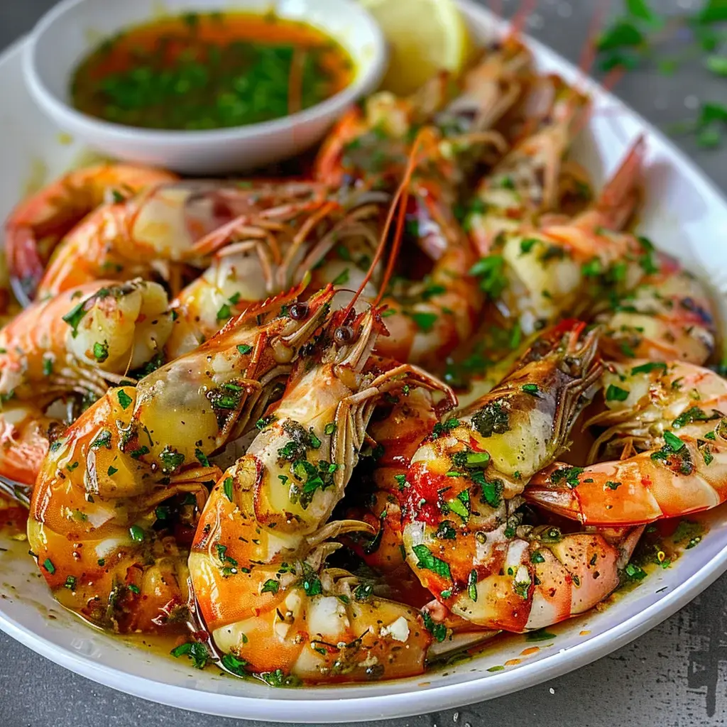 Des gambas grillées dressées, sauce et herbes fraîches à côté.