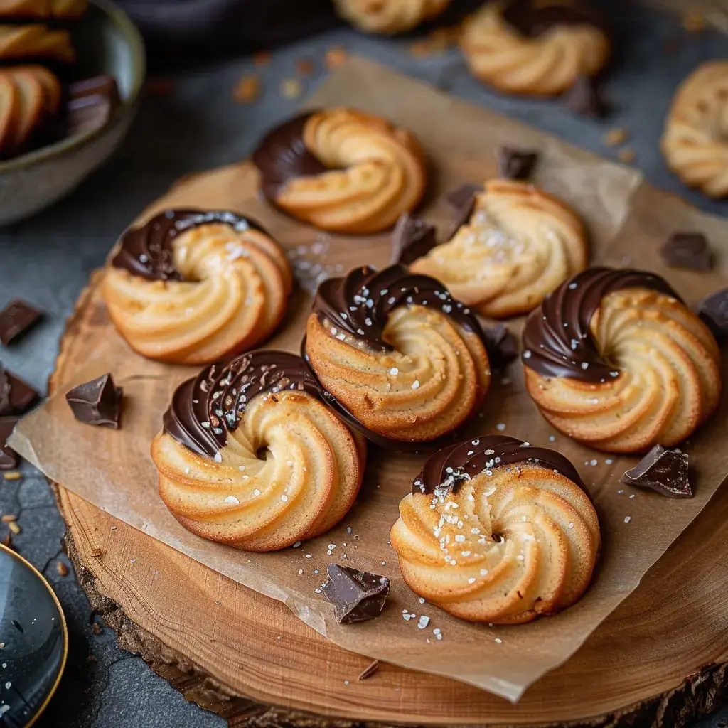 Des tourbillons de pâtisserie enrobés de chocolat et parsemés de sel fin, arrangés sur du papier dans un plat en bois.