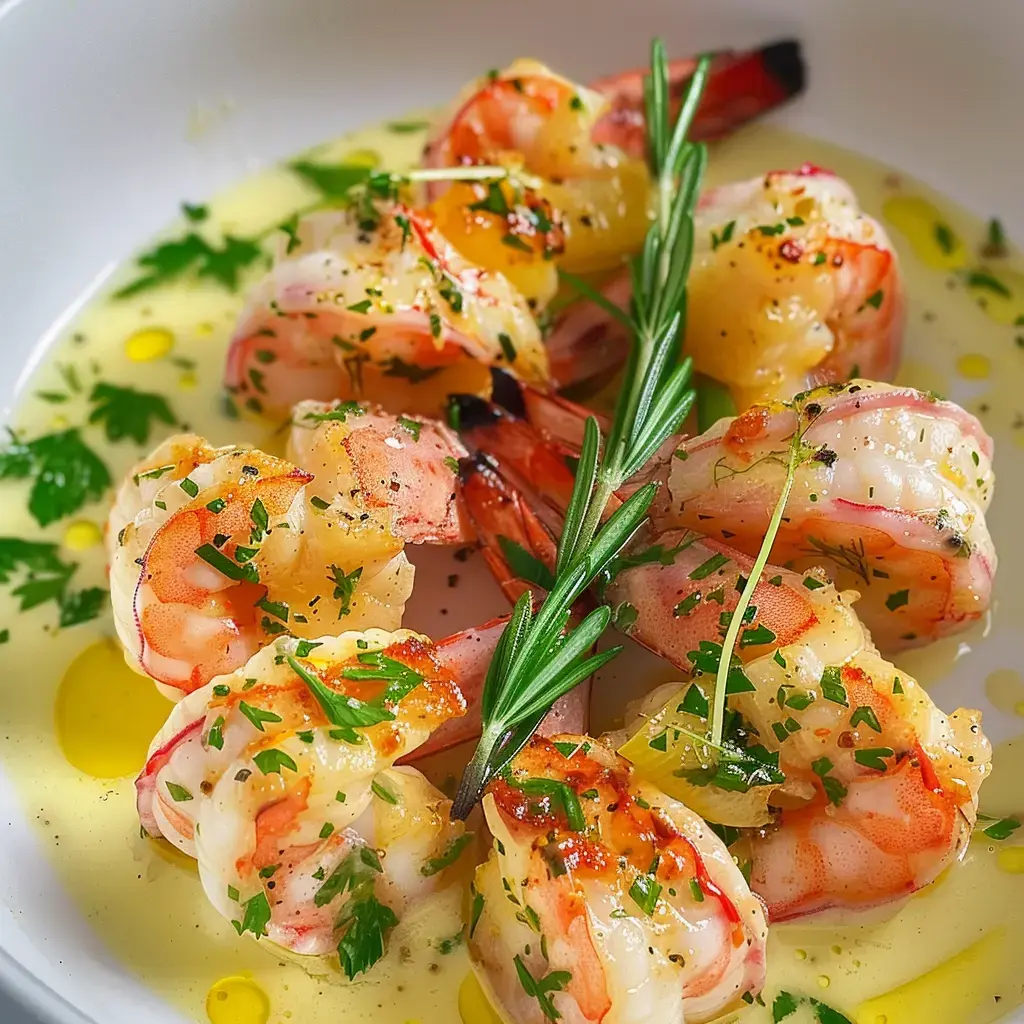 Gambas bien dorées couvertes d’herbes fraîches dans une sauce huile d’olive.