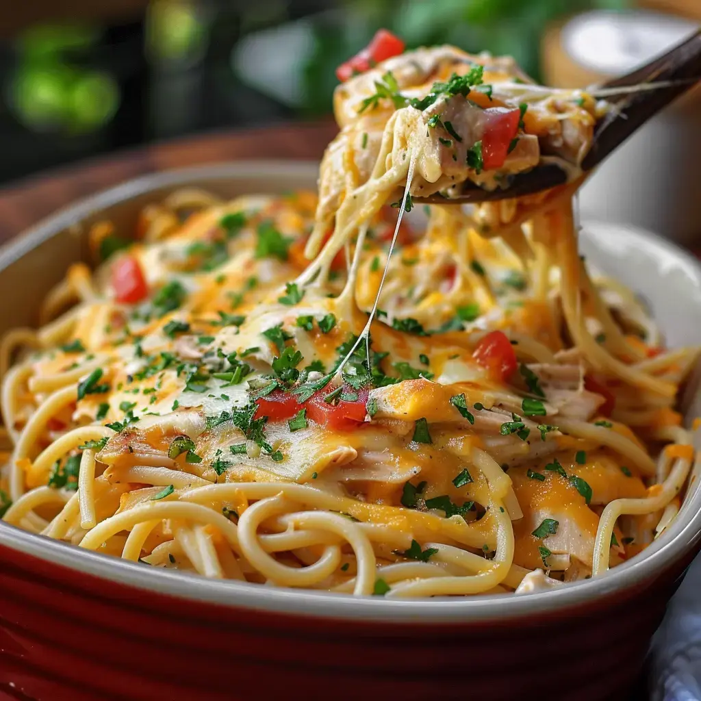 Assiette de spaghetti bien gratinés, parsemée de tomates et de persil tout frais.