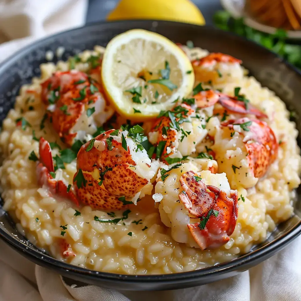 Un risotto crémeux avec morceaux de homard, quartiers de citron et persil frais sur le dessus.