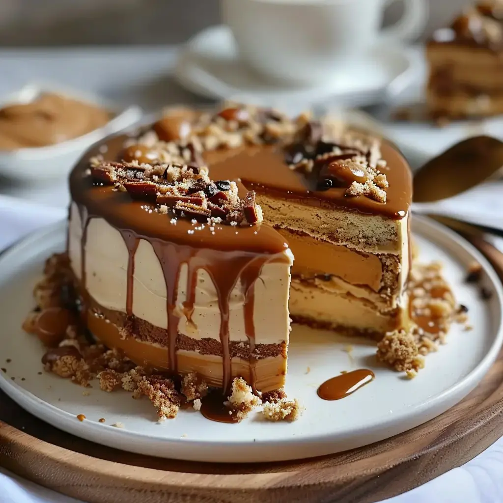 Un gâteau multicouche recouvert de caramel et parsemé de noix, avec une tranche coupée, posé sur une assiette.