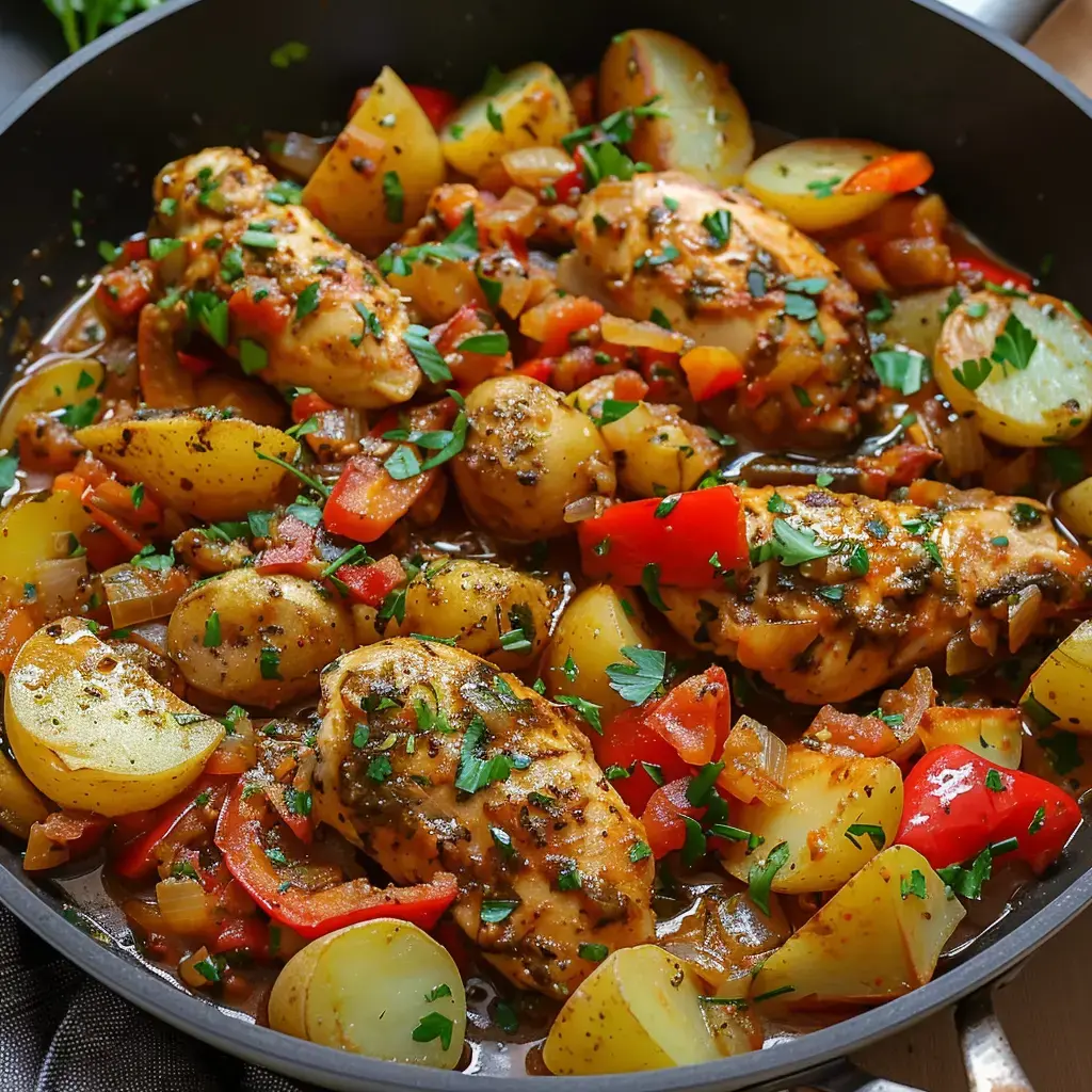 Un joli plat de poulet, pommes de terre, poivrons, oignons, tout parsemé de persil frais.