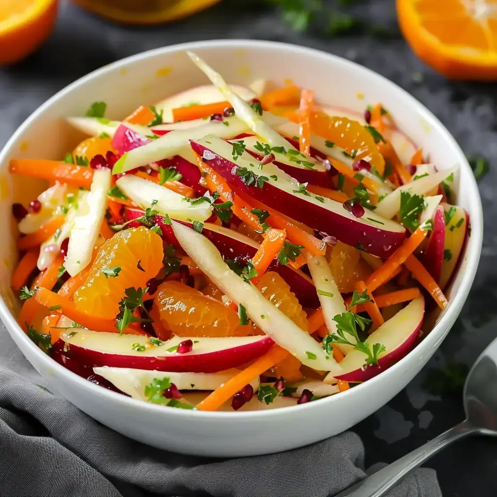 Salade fraîche de pommes, carottes, mandarines et herbes dans un bol blanc.