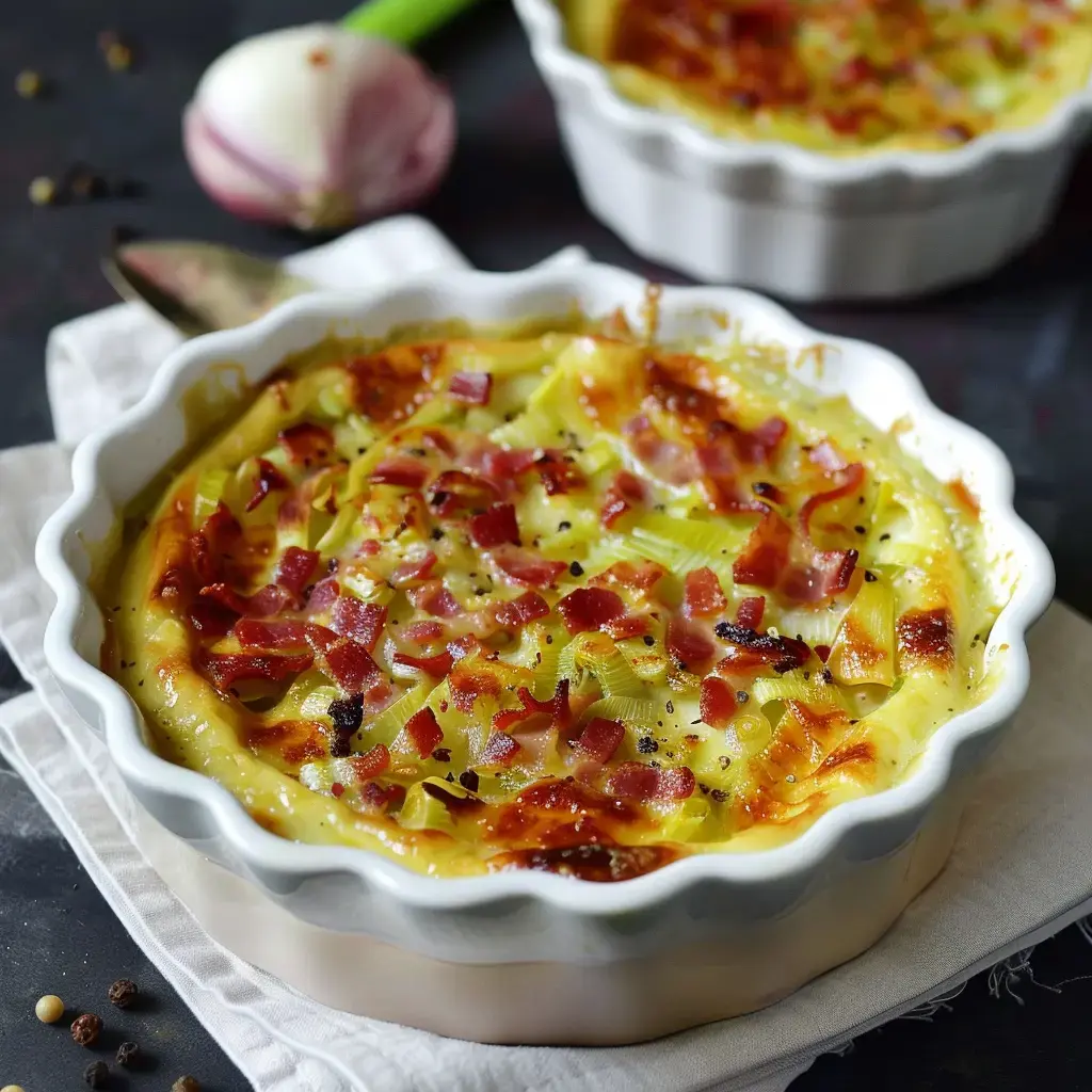 Un gratin aux poireaux et lardons bien doré, servi fumant dans un plat creux rustique.