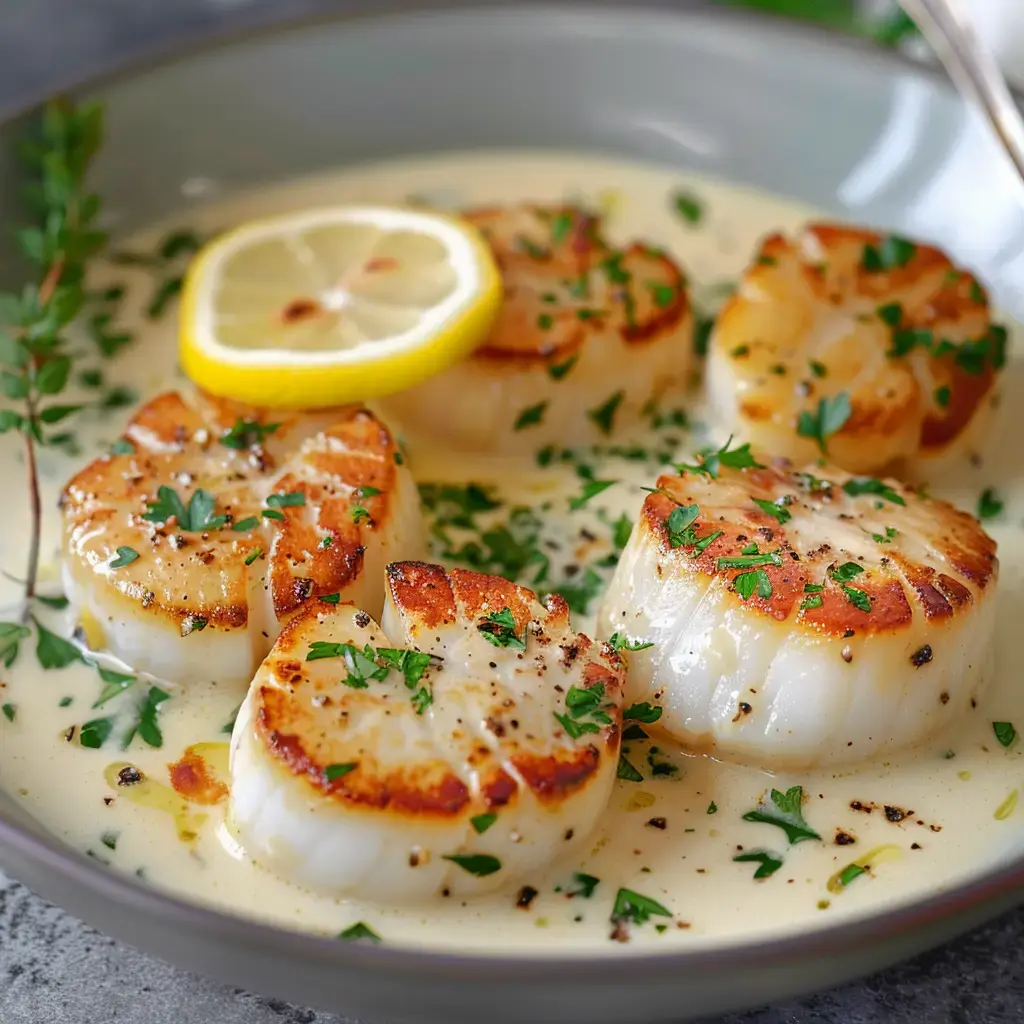 Des Saint-Jacques joliment saisies dans leur sauce crémeuse, décorées de citron et persil frais.
