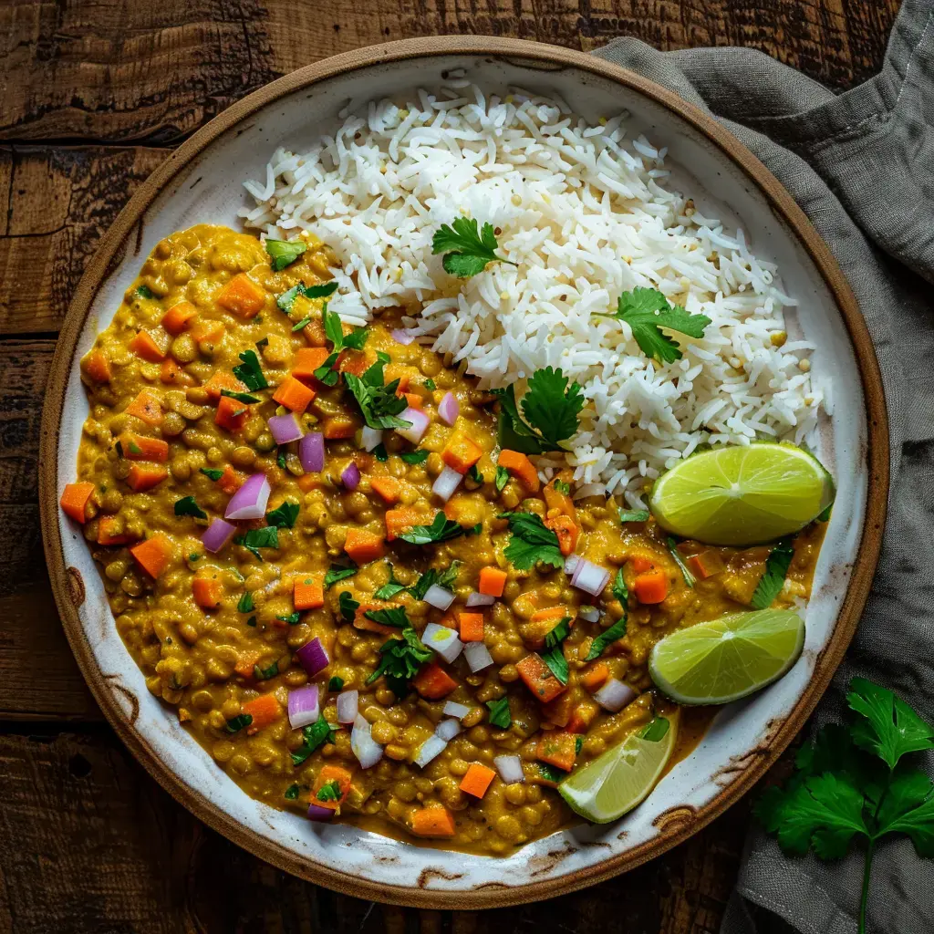 Un bol de dahl crémeux jaune servi avec du riz basmati, décoré de rondelles de carottes, d'oignons et accompagné de morceaux de citron vert.