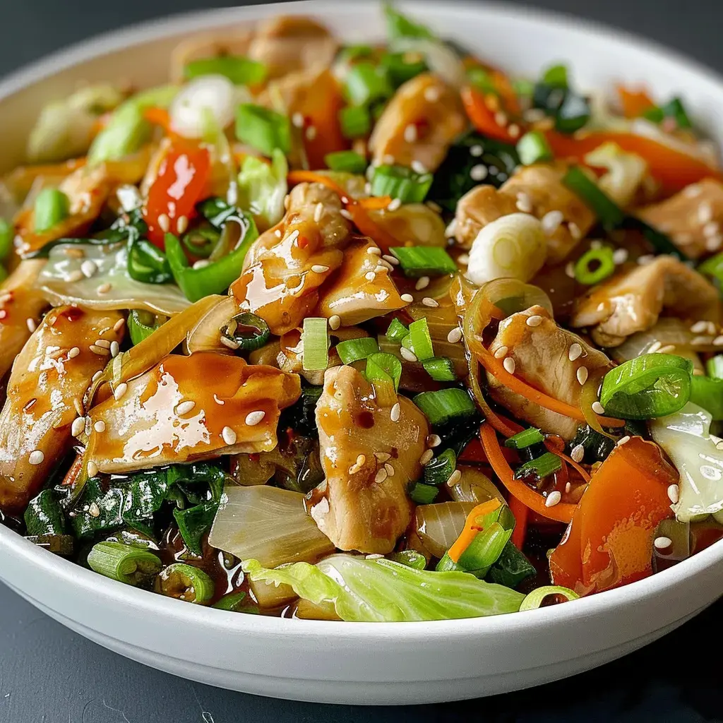 Un sauté de poulet avec des légumes multicolores, parsemé de graines de sésame et herbes fraîches.