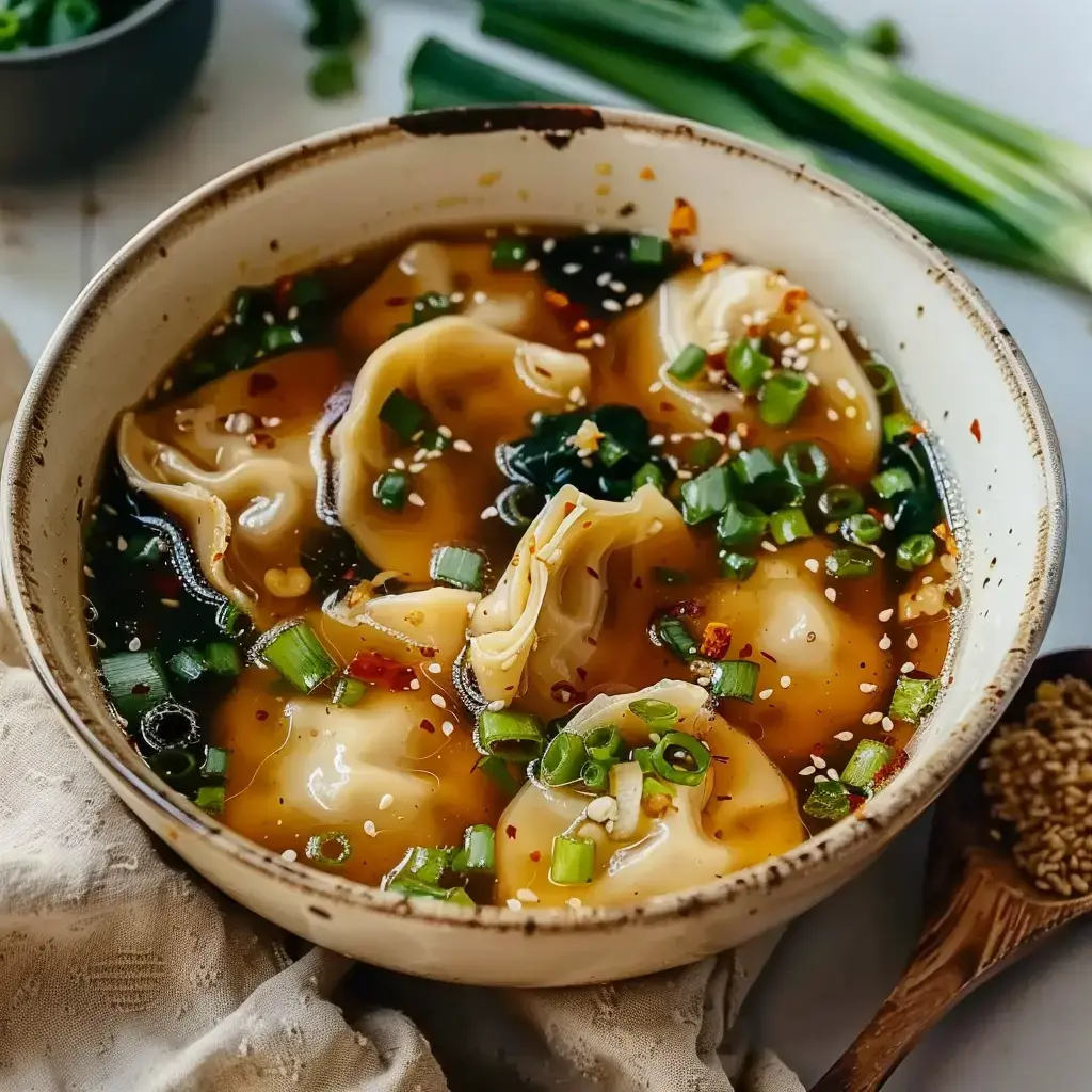 Un bol appétissant de gyozas dans un bouillon fumant décoré de ciboule et graines de sésame.