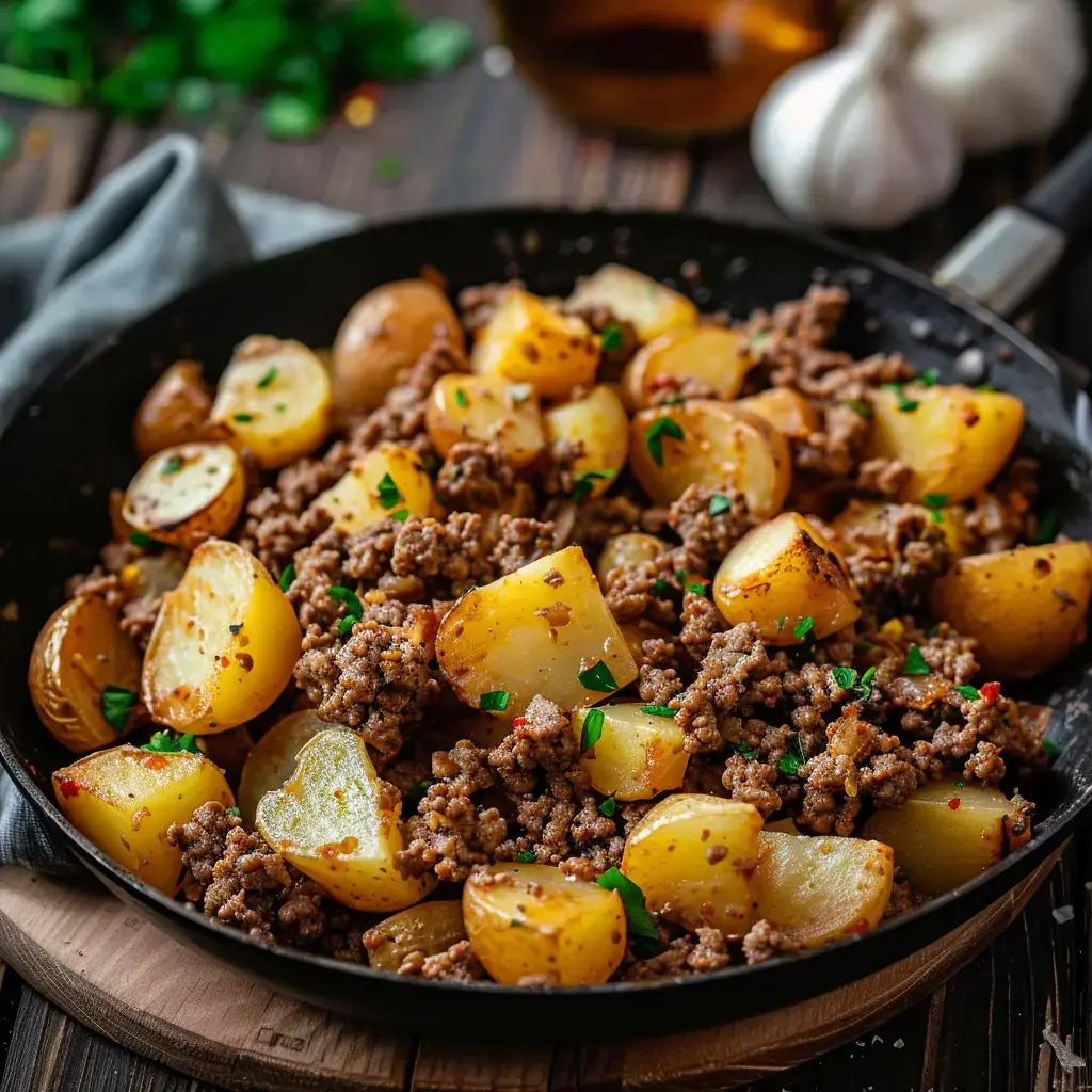 Un savoureux mélange de patates dorées et viande hachée bien assaisonnée, parsemé de persil frais, servi dans une poêle.