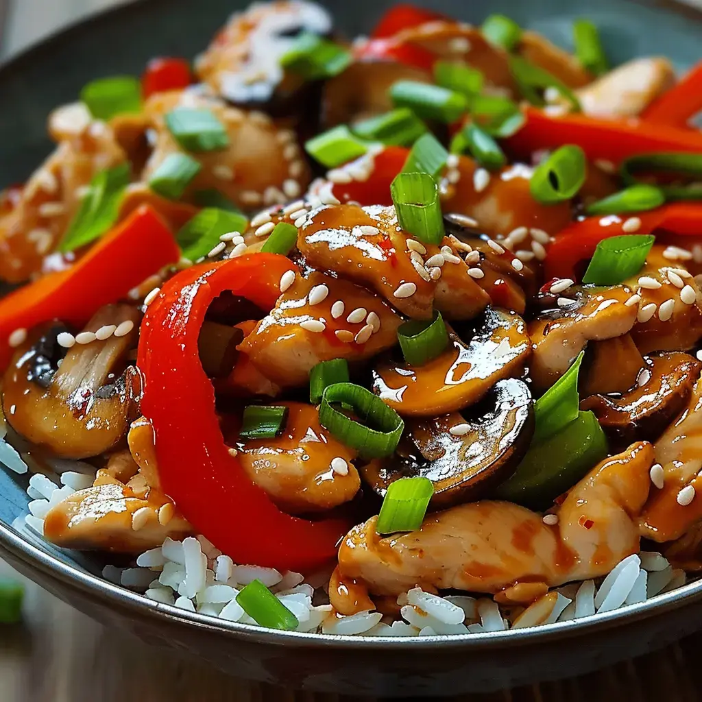 Un mélange de poulet sauté avec légumes multicolores et sauce, parsemé de sésame et ciboule, posé sur du riz blanc moelleux.