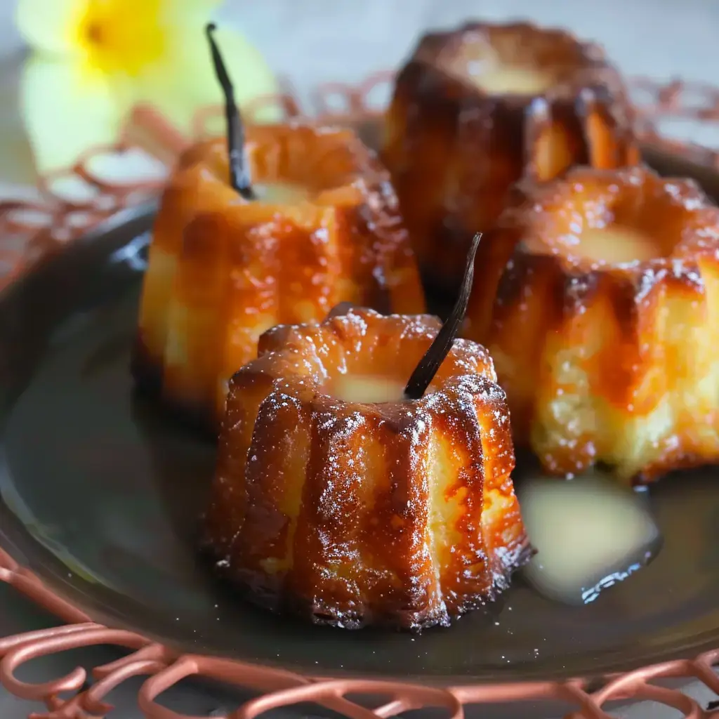 Quatre canelés bien dorés avec un enrobage brillant et quelques gousses de vanille en décoration sur une assiette sombre.