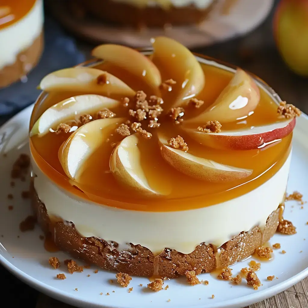 Dessert crémeux aux pommes nappé de caramel avec des miettes de biscuits pour la décoration.